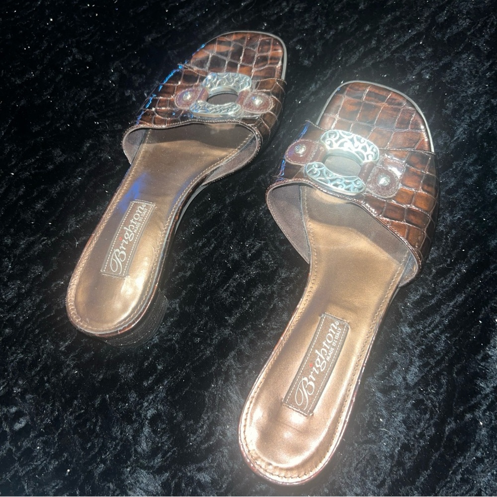 BRIGHTON “Lady” brown croc slides. Square toe. Great condition.